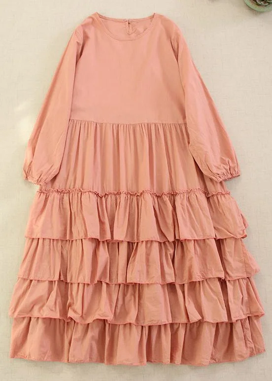 Seasonal Sale Classy Pink Solid O-Neck Ruffled Cotton Long Dress Long Sleeve