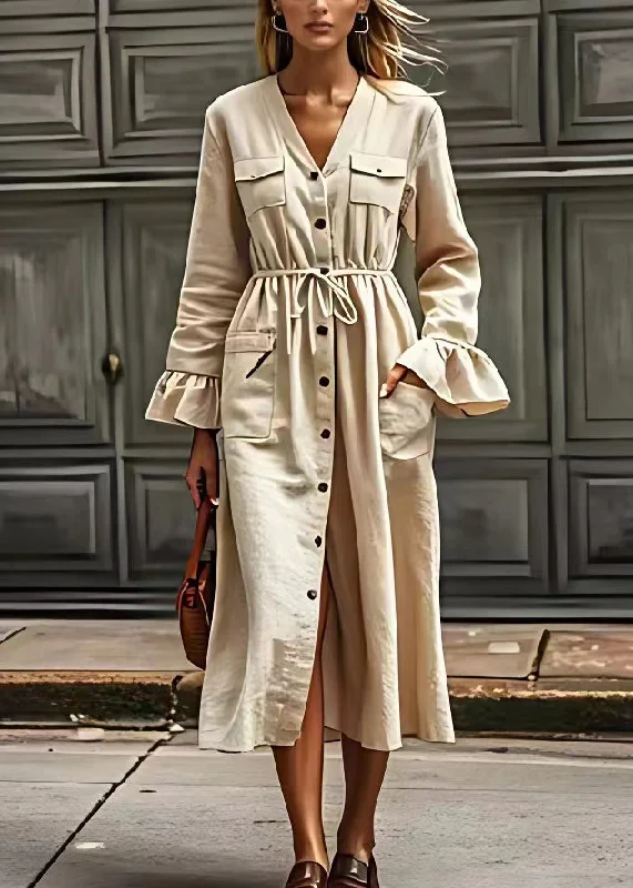 Parisian Effortless Chic Style Elegant Beige V Neck Drawstring Pockets Cotton Dresses Long Sleeve