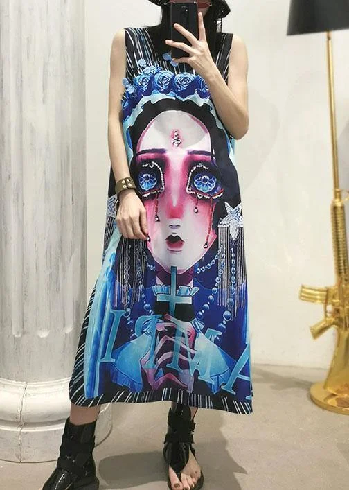 Coastal Beach - Inspired Style Elegant black prints cotton clothes sleeveless Maxi summer Dress