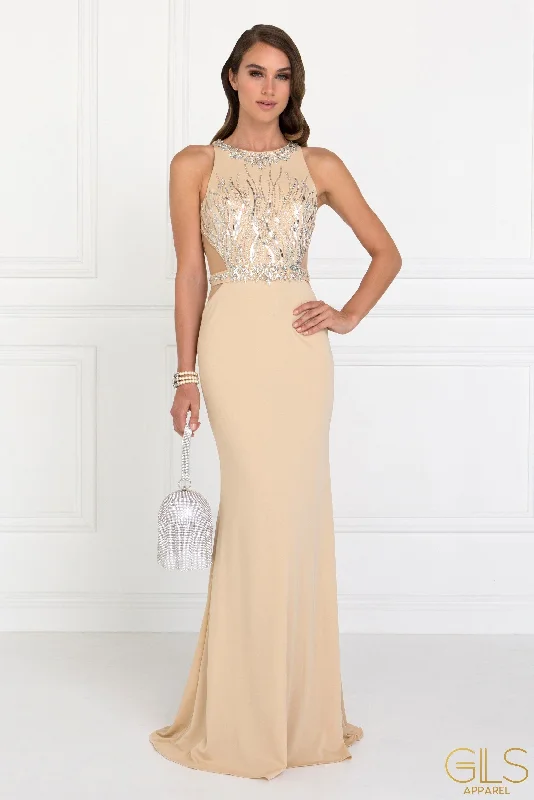 Chic Outfits Long Beaded Sleeveless Dress with Sheer Sides by Elizabeth K GL2294