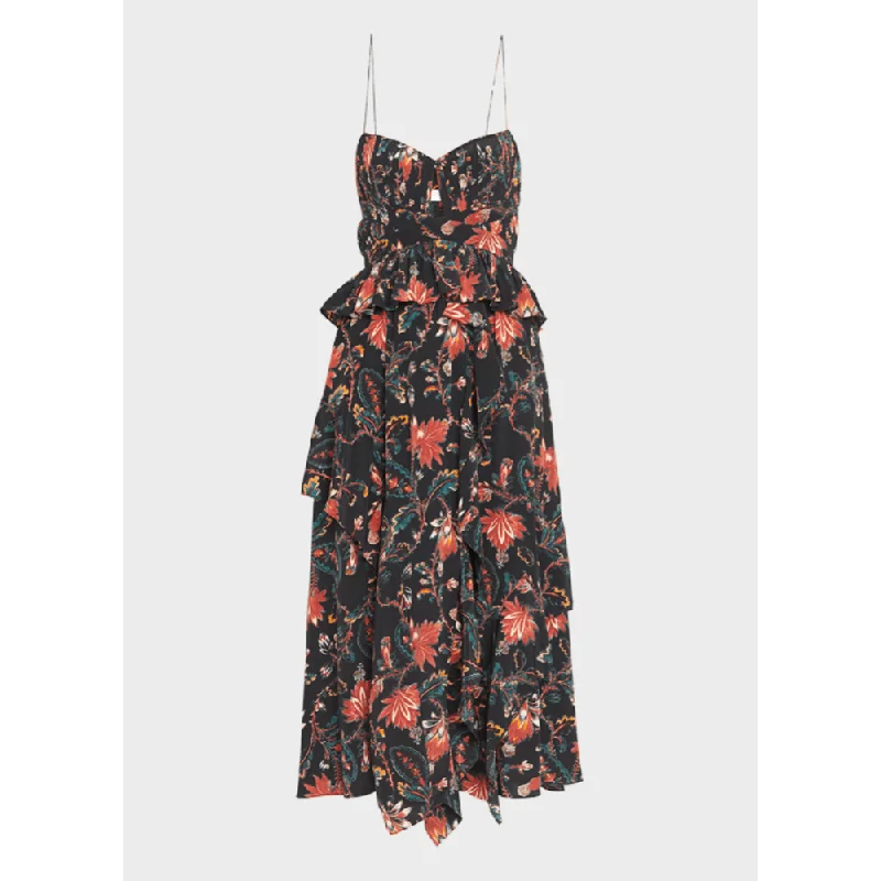 Coastal Beach - Inspired Style Ulla Johnson Women's Renata Dress, Obsidian, Floral, Black Ruffled Midi