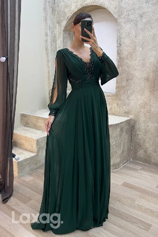 Big Savings On Minimalist Office Styles 22075 - Illusion V neck Lace Appliques A Line Long Sleeves Formal Evening Dress