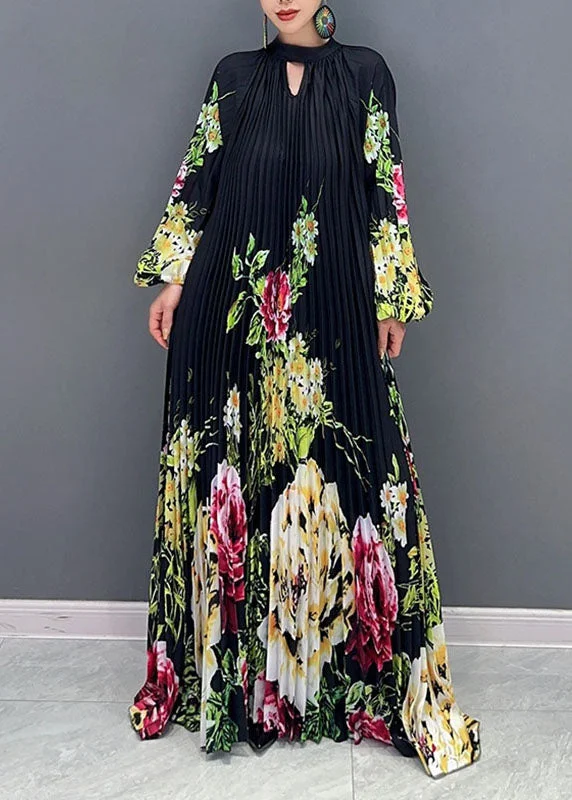 Pastel Styles Plus Size Black O-Neck Print Wrinkled Long Dress Long Sleeve