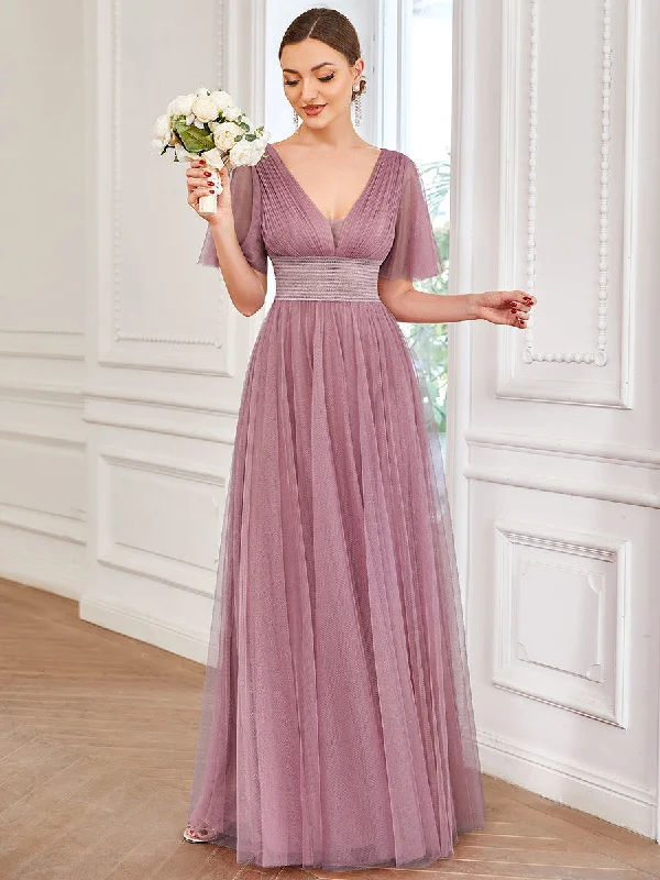 Great Prices On Feminine Styles Deep V-Neck Short Ruffles Sleeves A Line Wholesale Bridesmaid Dresses