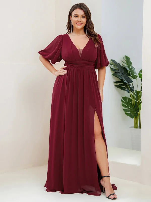 Latest Fashion Plus Deep V Neck A Line Half Puff Sleeves Wholesale Bridesmaid Dresses