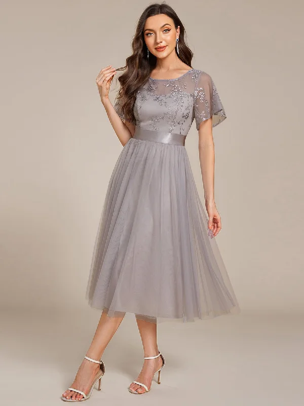 Chic Styles Graceful Embroidery See-through Round Neck Tulle Bridesmaid Dresses