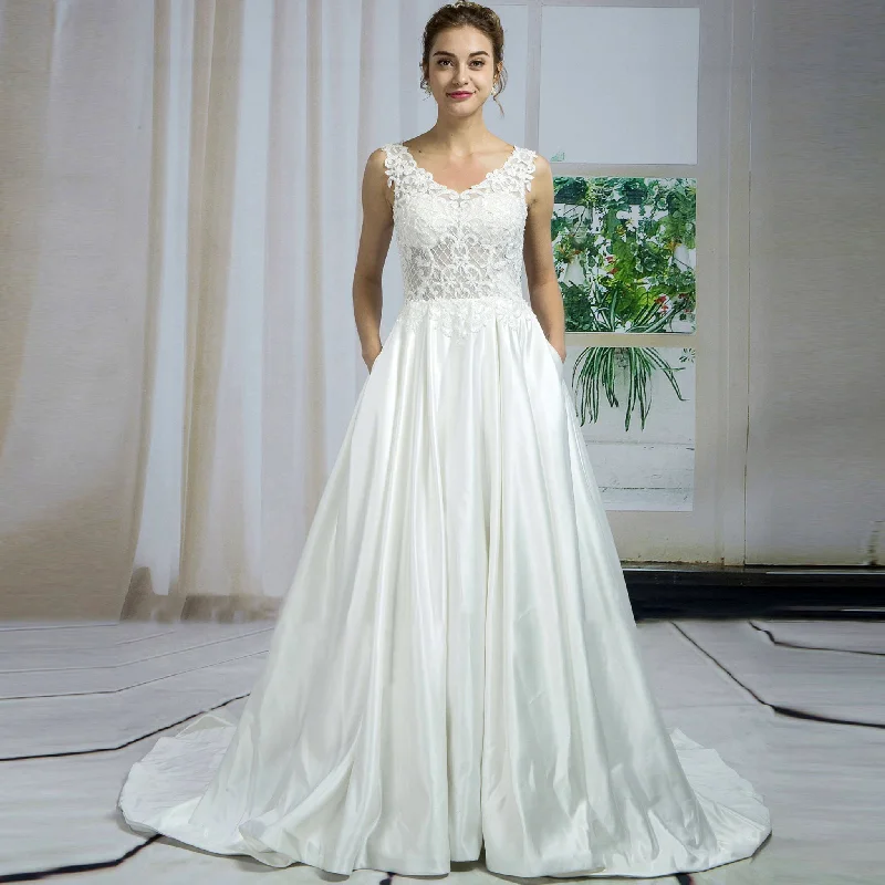 Unbeatable Prices Fashionable Tank Sheer Bodice Satin Wedding Dress with Pocket