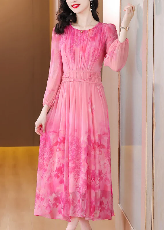 Buy More, Save More Italian Pink Print Tie Waist Chiffon Long Dress Long Sleeve