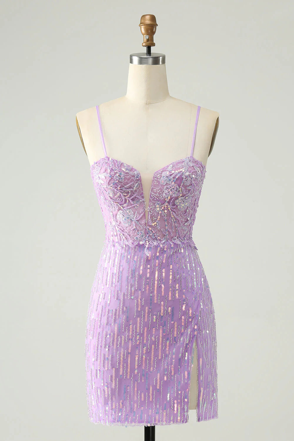 Hot Styles Amzcw Sparkly Lilac Bodycon Spaghetti Straps Sequins Mini Homecoming Dress with Slit