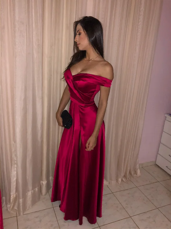 Big Savings On Rustic Countryside Styles Satin Off Shoulder Long Evening Prom Dresses, Custom Side Slit Prom Dress Y4660