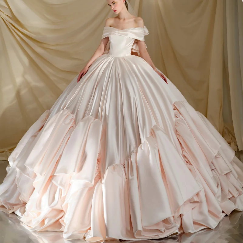 End Of Season Sale Luxury Light Pink Satin Puffy Ball Gown Wedding Dress with Off Shoulder