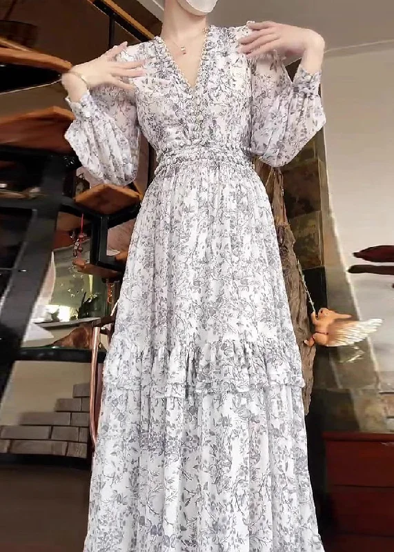 Flash Sale Elegant White Ruffled Print Chiffon Dress Long Sleeve