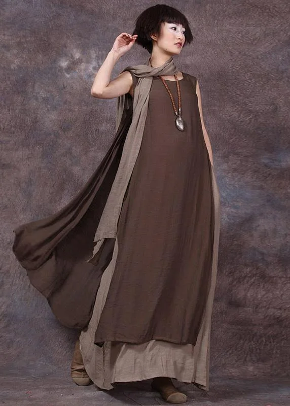 Wardrobe Upgrade French false two pieces linen dresses Neckline chocolate sleeveless Dress summer