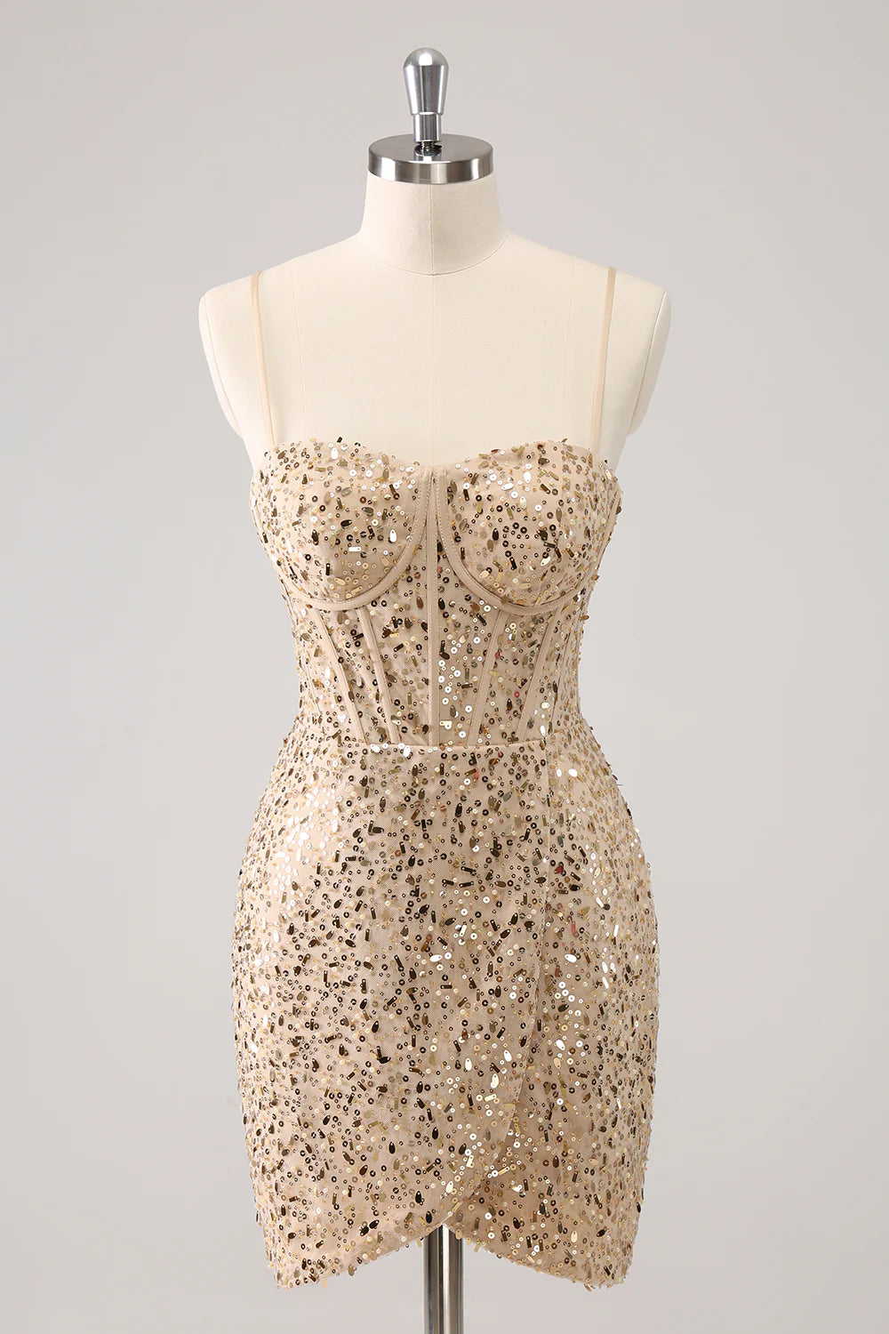 Limited - Stock Amzcw Stylish Golden Bodycon Spaghetti Straps Sequin Short Homecoming Dress