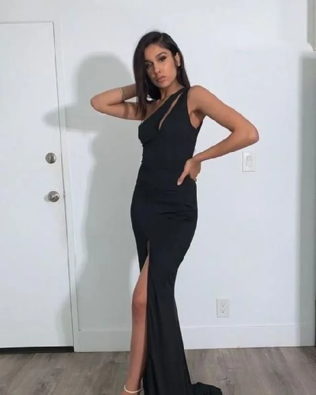 Exclusive Discount One Shoulder Side Slit Mermaid Evening Dress, Black Long Dress Prom Gown   cg13183