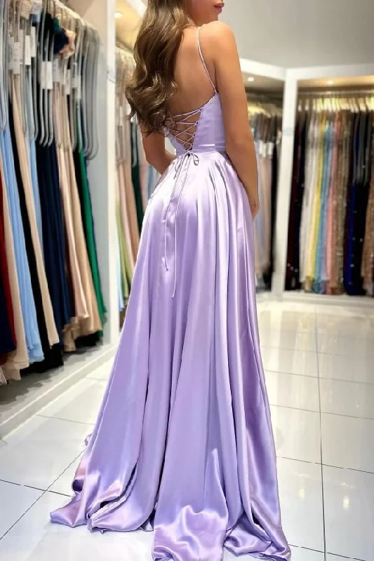 Elevate Your Wardrobe Elegant Lilac Long A-line Spaghetti Straps Lace-Up Satin Prom Dresses Y4888