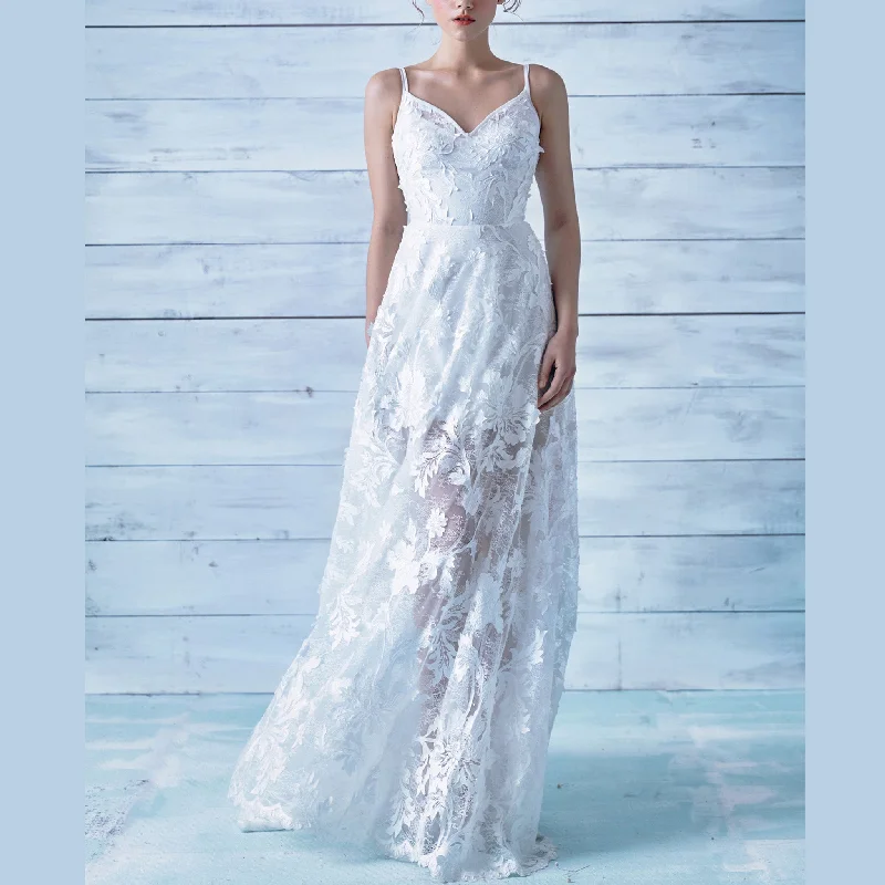 Trend Alert Sheer Floral Lace Wedding Dress with Spaghetti Straps