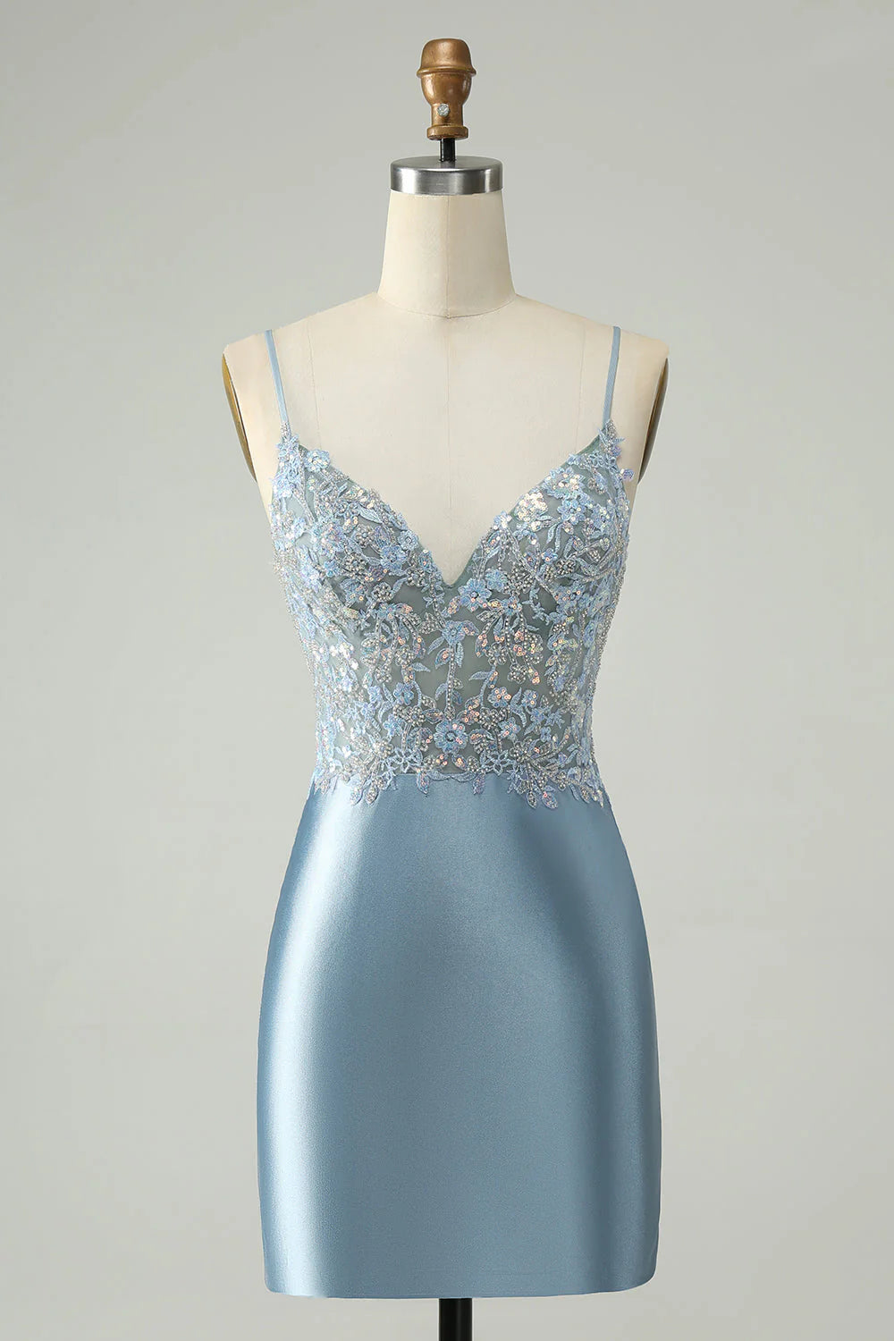 Fashion For Every Occasion Amzcw Sparkly Dusty Blue Bodycon Beaded Floral Satin Homecoming Dress