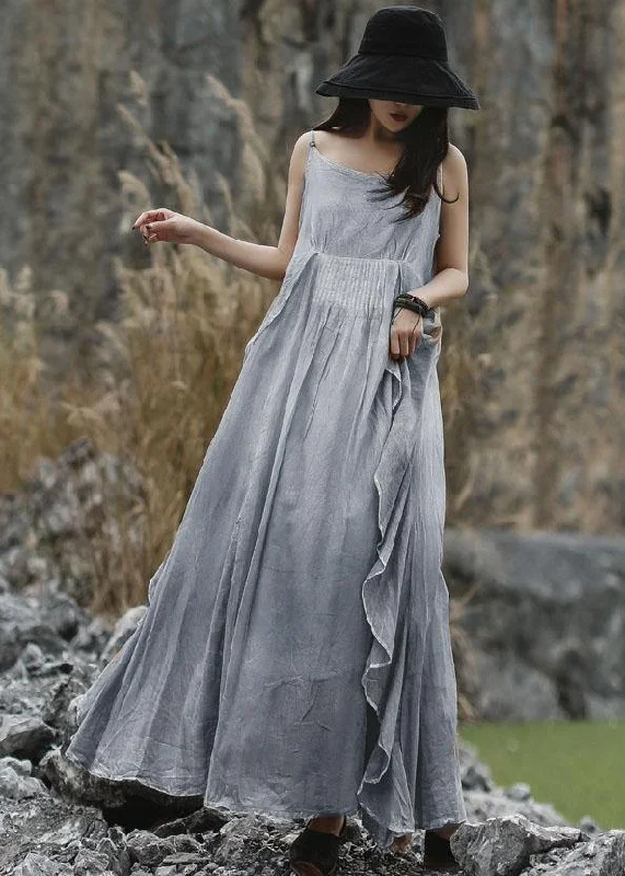 Spring Fashion DIY ruffles side linen Long Shirts Sewing gray sleeveless Dresses summer