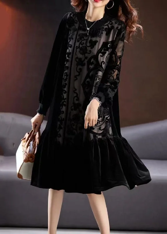 Anniversary Sale Elegant Black Embroidered Tulle Patchwork Silk Velour Long Dress Long Sleeve