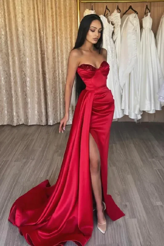 Wardrobe Update Red satin sequins long prom dress red evening dress  Y82