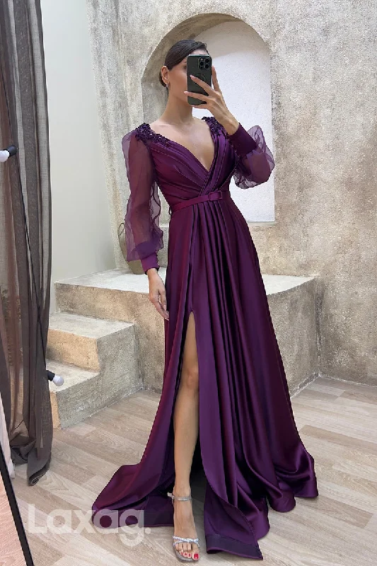 Y2K Nostalgic Fashion Look 22073 - A Line V Neck Ruched Long Sleeves Formal Prom Dress with Slit