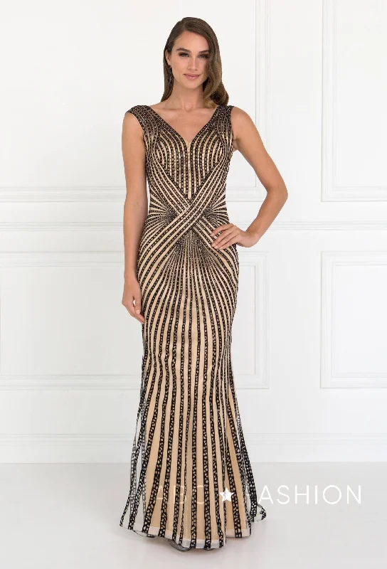 Budget-Friendly Fashion Long Sleeveless Beaded V-Neck Dress by Elizabeth K GL2053