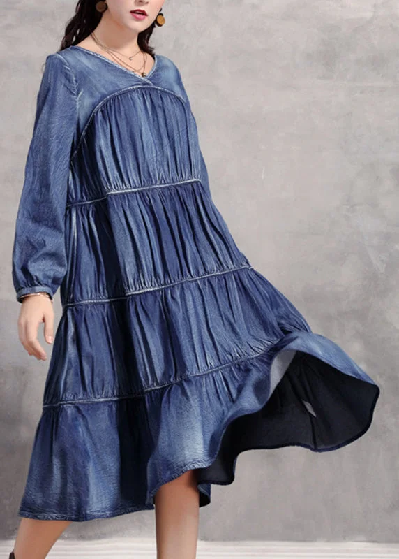 Fashion Deal Casual Blue V Neck Wrinkled Patchwork Denim Long Dress Long Sleeve