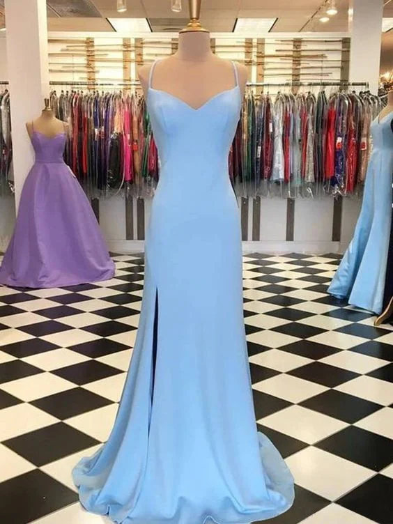 Day-To-Night Styles Blue Mermaid Satin Long Prom Dress With Side Slit,Elegant Blue Evening Dress Y687