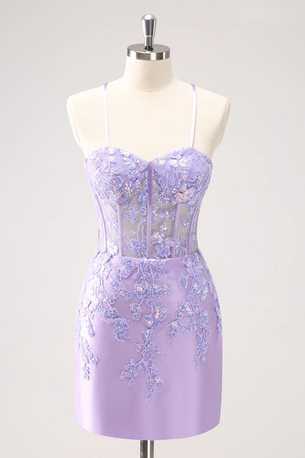 Early Access To Art Deco Styles Sale Amzcw Sparkly Lilac Bodycon Spaghetti Straps Sequin Corset Homecoming Dress with Appliques