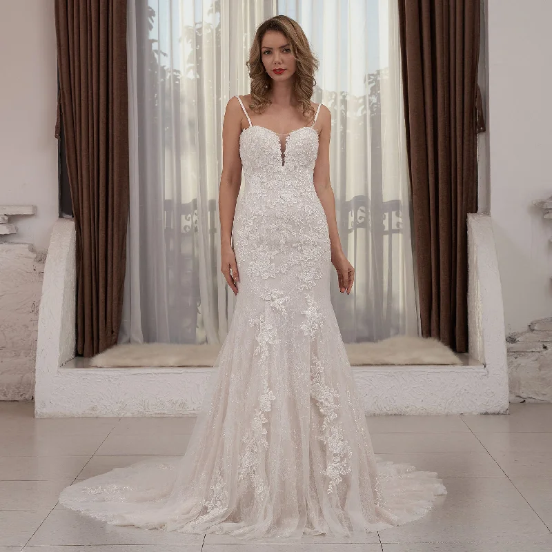 Trend Alert Modest Spaghetti Strap Mermaid Lace Bridal Wedding Dress