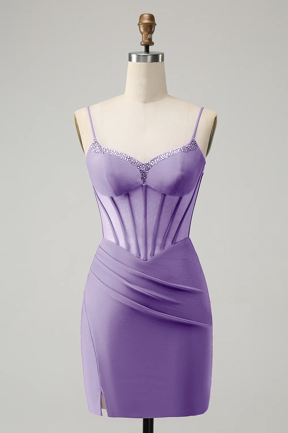 Coastal Beach - Inspired Style Amzcw Stylish Purple Bodycon Lace Up Back Beaded Corset Short Homecoming Dress with Slit