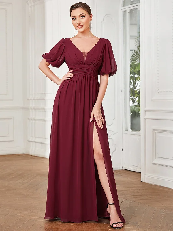 Coastal Beach - Inspired Style Deep V Neck A Line Half Puff Sleeves Wholesale Bridesmaid Dresses