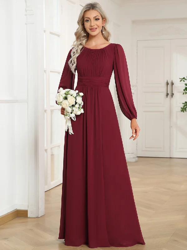 Trend Alert Round Neck Wholesale Bridesmaid Dresses with Long Lantern Sleeves