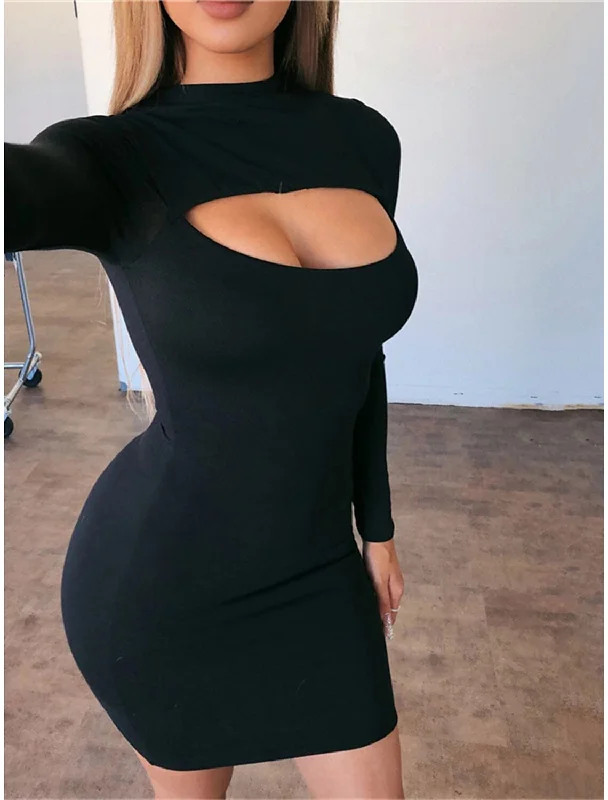 Chic Outfits Women‘s Little Black Dress Sexy Dress Party Dress Bodycon Mini Dress Red Rose Long Sleeve Cut Out Fall Winter Autumn Crew Neck Fashion Winter Dress Vacation