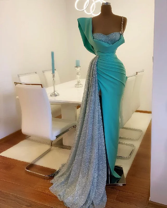 Limited Time Deal Blue Mermaid Prom Dresses With High Side Split Glitter Satin Real Image Sweep Train robe de soirée de mariage Evening Dress Y57