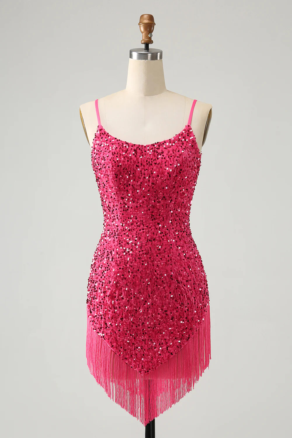 Seasonal Fashion Amzcw Sparkly Fuchsia Bodycon Spaghetti Straps Sequin Short Homecoming Dress with Tassels