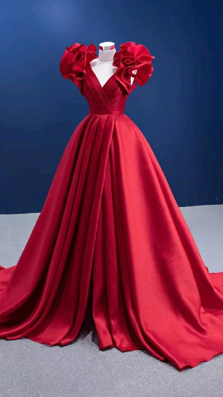 Chic Style Red Pageant Dress Ruffle Prom Dress V-neck Satin Formal Gown Y4965