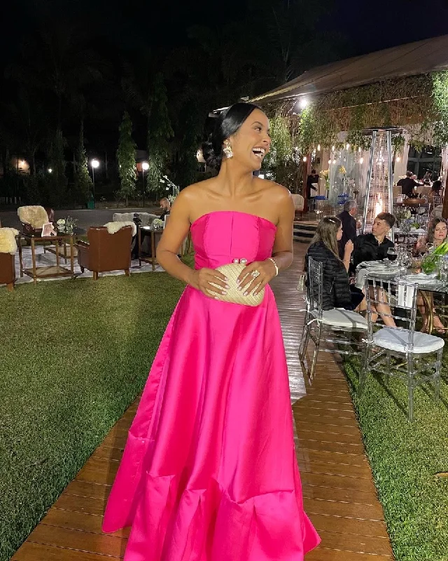 Spring Wardrobe Sexy Strapless A-line Evening Dress Elegant Rose Pink Sleeveless Satin Prom Gown Y5147