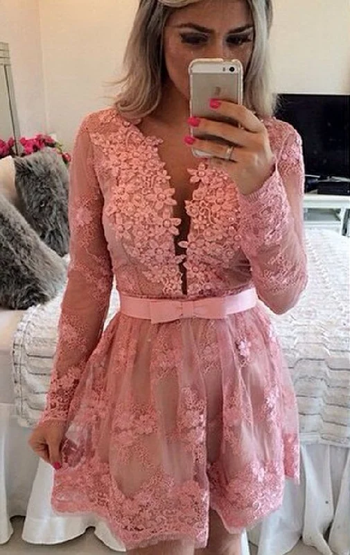 Trend Alert Long Sleeves V Neck Lace Homecoming Dress Pink Formal Evening Gown    cg22734