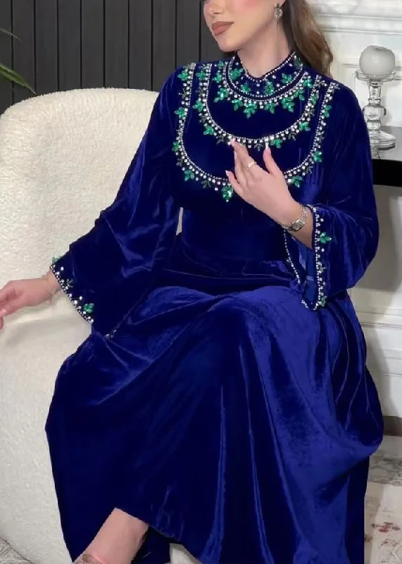 Special Offer Elegant Blue Zippered Zircon Silk Velvet Long Dress Long Sleeve