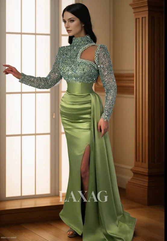 Best-Sellers 23171 - High Neck Long Sleeves Cutout Pearls Sequins Party Prom Formal Evening Dress with Slit