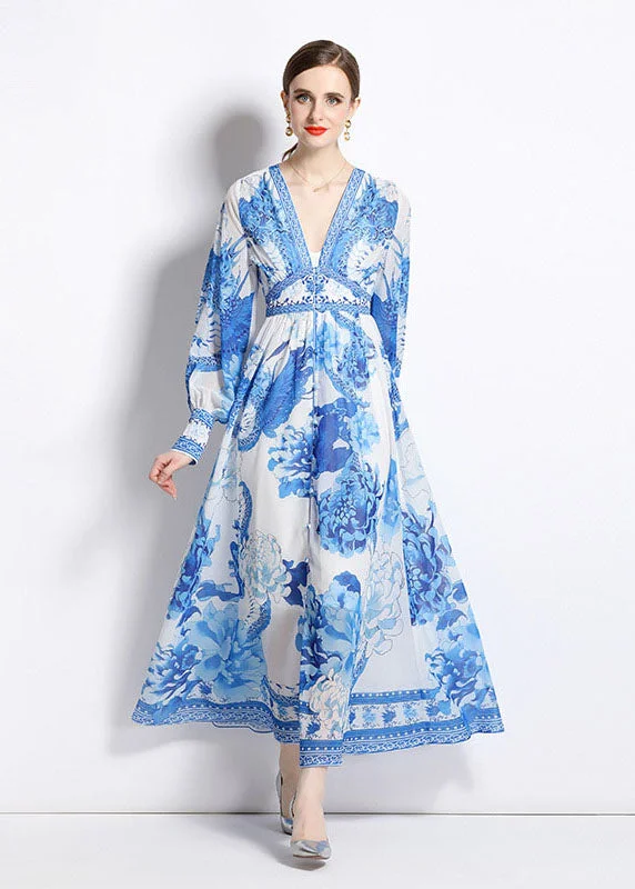 Score Big On Glamorous Red - Carpet Styles Boho Blue V Neck Print Patchwork Chiffon Vacation Dresses Long Sleeve