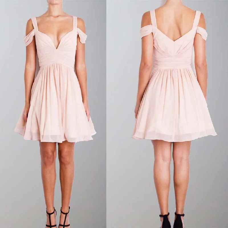 Mid - Week Surprise A-Line Straps Dusty Pink Short Chiffon Off-Shoulder Mini Bridesmaid Dresses, WG258