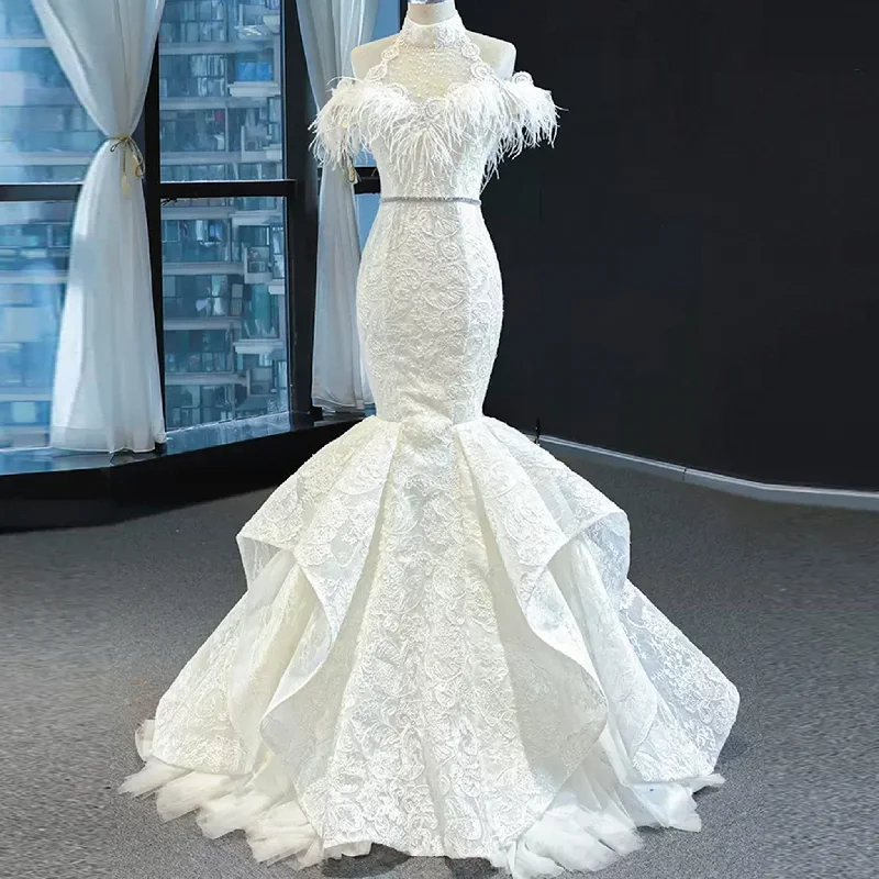 Great Prices On Feminine Styles High Neck Elegant Luxury Trumpet Wedding Dress with Feather