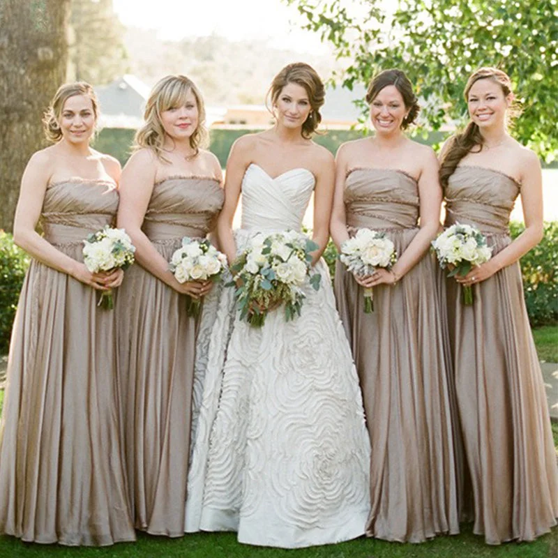 Seasonal Trends Elegant Dusty Champagne Strapless A-line Pleats Long Bridesmaid Dress, BD3282