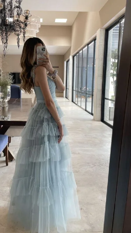 Pastel Styles Sweet Light Blue Tulle Prom Dresses,Ruffles Pleated Baby Blue Evening Formal Gown     cg25072