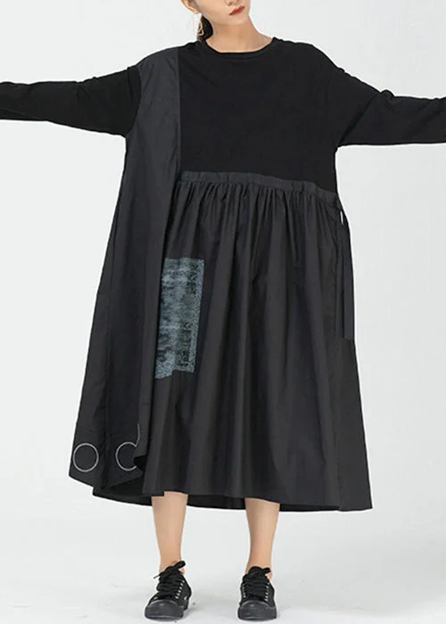 Final Clearance Loose Black Asymmetrical Print Cotton Dress Long Sleeve