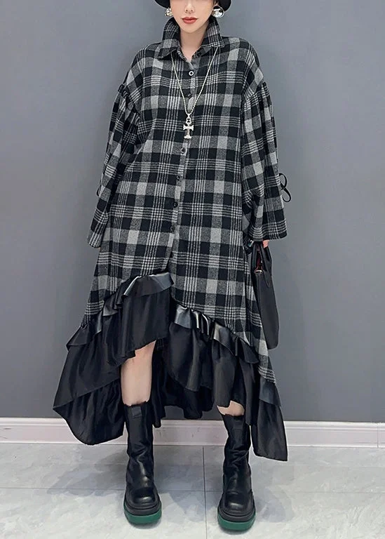 Spring Wardrobe Loose Plaid Asymmetrical Patchwork Cotton Dress Long Sleeve