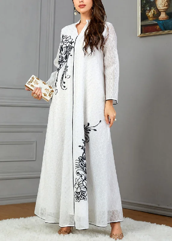 End Of Season Sale Loose White V Neck Print Cotton Dresses Long Sleeve